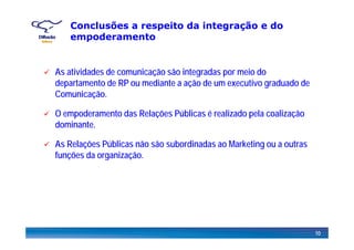 Conclusões a respeito da integração e do
empoderamentoempoderamento
As atividades de comunicação são integradas por meio do
departamento de RP ou mediante a ação de um executivo graduado de
Comunicação.Comunicação.
O empoderamento das Relações Públicas é realizado pela coalização
dominantedominante.
As Relações Públicas não são subordinadas ao Marketing ou a outras
f nções da organi açãofunções da organização.
10
 