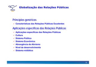 Globalização das Relações Públicas
Princípios genéricos
Características das Relações Públicas Excelentes
Aplicações específicas das Relações Públicas
Aplicações específicas das Relações Públicas
Cultura
Sistema Político
Sistema EconômicoSistema Econômico
Abrangência do Ativismo
Nível de desenvolvimento
Sistema midiático
12
 