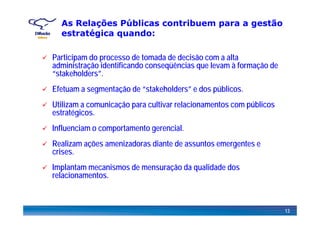As Relações Públicas contribuem para a gestão
estratégica quando:estratégica quando:
Participam do processo de tomada de decisão com a altap p
administração identificando conseqüências que levam à formação de
“stakeholders”.
Ef t t ã d “ t k h ld ” d úbliEfetuam a segmentação de “stakeholders” e dos públicos.
Utilizam a comunicação para cultivar relacionamentos com públicos
estratégicosestratégicos.
Influenciam o comportamento gerencial.
Realizam ações amenizadoras diante de assuntos emergentes e
crises.
I l t i d ã d lid d dImplantam mecanismos de mensuração da qualidade dos
relacionamentos.
13
 