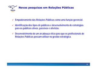 Novas pesquisas em Relações Públicas
Empoderamento das Relações Públicas como uma função gerencial.
Identificação dos tipos de públicos e desenvolvimento de estratégias
para os públicos ativos, passivos e ativistas.
Desenvolvimento de um arcabouço ético para que os profissionais deese o e to de u a cabouço ét co pa a que os p o ss o a s de
Relações Públicas possam utilizar na gestão estratégica.
19
 