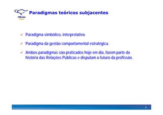 Paradigmas teóricos subjacentes
Paradigma simbólico, interpretativo.
Paradigma da gestão comportamental estratégica.Paradigma da gestão comportamental estratégica.
Ambos paradigmas são praticados hoje em dia, fazem parte da
história das Relações Públicas e disputam o futuro da profissãohistória das Relações Públicas e disputam o futuro da profissão.
3
 