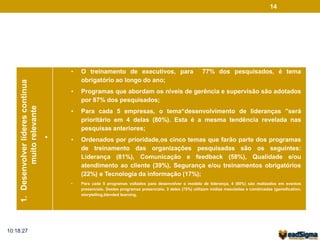 14 
1. Desenvolver líderes continua 
muito relevante 
• 
• O treinamento de executivos, para 77% dos pesquisados, é tema 
obrigatório ao longo do ano; 
• Programas que abordam os níveis de gerência e supervisão são adotados 
por 87% dos pesquisados; 
• Para cada 5 empresas, o tema“desenvolvimento de lideranças ”será 
prioritário em 4 delas (80%). Esta é a mesma tendência revelada nas 
pesquisas anteriores; 
• Ordenados por prioridade,os cinco temas que farão parte dos programas 
de treinamento das organizações pesquisadas são os seguintes: 
Liderança (81%), Comunicação e feedback (58%), Qualidade e/ou 
atendimento ao cliente (39%), Segurança e/ou treinamentos obrigatórios 
(22%) e Tecnologia da informação (17%); 
• Para cada 5 programas voltados para desenvolver o modelo de liderança, 4 (80%) são realizados em eventos 
presenciais. Destes programas presenciais, 3 deles (75%) utilizam mídias mescladas e combinadas (gamefication, 
storytelling,blended learning, 
10:18:27 
 