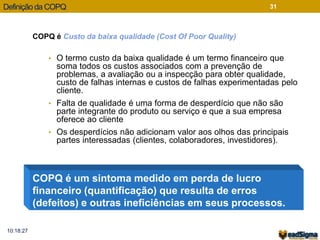 Definição da COPQ 
COPQ é Custo da baixa qualidade (Cost Of Poor Quality) 
• O termo custo da baixa qualidade é um termo financeiro que 
soma todos os custos associados com a prevenção de 
problemas, a avaliação ou a inspecção para obter qualidade, 
custo de falhas internas e custos de falhas experimentadas pelo 
cliente. 
• Falta de qualidade é uma forma de desperdício que não são 
parte integrante do produto ou serviço e que a sua empresa 
oferece ao cliente 
• Os desperdícios não adicionam valor aos olhos das principais 
partes interessadas (clientes, colaboradores, investidores). 
10:18:27 
31 
COPQ é um sintoma medido em perda de lucro 
financeiro (quantificação) que resulta de erros 
(defeitos) e outras ineficiências em seus processos. 
 