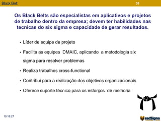 Black Belt 
• Líder de equipe de projeto 
• Facilita as equipes DMAIC, aplicando a metodologia six 
sigma para resolver problemas 
• Realiza trabalhos cross-functional 
• Contribui para a realização dos objetivos organizacionais 
• Oferece suporte técnico para os esforços de melhoria 
10:18:27 
38 
Os Black Belts são especialistas em aplicativos e projetos 
de trabalho dentro da empresa; devem ter habilidades nas 
tecnicas do six sigma e capacidade de gerar resultados. 
 