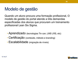 Modelo de gestão 
Quando um aluno procura uma formação profissional, O 
modelo de gestão do portal atende a três demandas 
especificadas dos alunos que procuram um treinamento 
profissional Lean Six Sigma. 
• Aprendizado (tecnologias Tin can, LMS LRS, etc) 
• Certificação (conteúdo, método e branding) 
• Escalabilidade (migração de níveis) 
44 
10:18:27 
 