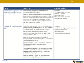 59 
Curso Descrição Material Didático 
Correlação e Regressão em 
modelagem de processos 
Este curso está relacionado à fase Melhorar da 
metodologia DEMAIC six sigma. 
Nele, nós vamos apresentar algumas das ferramentas 
poderosas em nossa caixa de ferramenta para análise dos 
dados: as correlações entre as váriáveis independentes e 
as variáveis de resposta. e as equações de regreção 
estabelecidas a partir do conjunto de dados coletados 
nas fases anteriores do DEMAIC. 
+100 slides 
+1h de gravação de conteúdo 
Templates e planilhas 
Exercícios praticos 
Videos de exercícios resolvidos 
+ 80 p[aginas de Apostila 
Projetos de experimentos - 
DOE 
As tecnicas de projetos de experimentos são parte do 
conhecimento da fase Melhorar que um Black Belt deve 
ter, para condução dos seus projetos de melhoria. 
Eles ajudam os Belts a compreender a causa e 
o efeito entre a saída do processo, ou saída crítica, e 
as poucas entradas vitais. 
Aqui, nós vamos apresentar uma introdução ao 
Planejamento de experimentos, explicar o que são, como 
funcionam e quando usá-los. 
Vamos apresentar o passo a passo das 11 etapas da 
metodologia DOE, para a construção de um 
experimento. 
Você vai aprender a elaborar um planejamento fatorial 
completo e fracionado; vai ainda aprender o que são e 
para que servem os pontos centrais, a replicação, o 
confundimento (aliasing) . 
Ainda vai aprender a realizar um planejamento de 
experimento de superfície de contorno. 
+ 160 slides 
+ 1h 45 minutos de gravação de conteúdo 
+80 paginas de apostiola 
Exercícios práticos 
Planilha de dados e templates 
10:18:28 
 