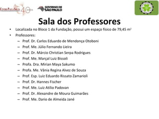 Sala dos Professores Localizada no Bloco 1 da Fundação, possui um espaço físico de 79,45 m 2 Professores: Prof. Dr. Carlos Eduardo de Mendonça Otoboni Prof. Me. Júlio Fernando Lieira Prof. Dr. Márcio Christian Serpa Rodrigues Prof. Me. Marçal Luiz Bissoli Profa. Dra. Mirian Maya Sakumo Profa. Me. Vânia Regina Alvez de Souza Prof. Esp. Luiz Eduardo Rissato Zamarioli Prof. Dr. Hannes Fischer Prof. Me. Luiz Atílio Padovan Prof. Dr. Alexandre de Moura Guimarães Prof. Me. Dario de Almeida Jané 
