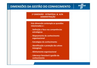 DIMENSÕES DA GESTÃO DO CONHECIMENTO

            1ª DIMENSÃO - ESTRATÉGIA & ALTA
                    ADMINISTRAÇÃO


            Esta dimensão contempla as questões
            relacionadas a :
            . Definição e foco nas competências
              estratégicas
            . Mapeamento do conhecimento
              organizacional
            . Estratégias de conhecimento
            . Identificação e proteção dos ativos
              intangíveis
            . Alinhamento organizacional
            . Liderança favorável à gestão do
              conhecimento
 