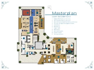 Masterplan
Lazer da Cobertura
1 Espaço Multiuso (cia. athletica)
2 Sala de spinning (cia. athletica)
3 Sala de musculação/Cardio (cia. Athletica)
4 Terraço de apoio do Espaço Fitness
5 Vestiários
6 Banheiros
7 Cyber Café
8 Biblioteca
9 Sala de Estudos
10 Home Cinema
11 Terraço Leitura
01 02
03
04
05
11
11
05
06 06
06
07
08
09
10
 