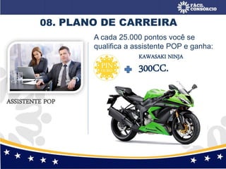 08. PLANO DE CARREIRA
A cada 25.000 pontos você se
qualifica a assistente POP e ganha:
ASSISTENTE POP
KAWASAKI NINJA
300CC.
 