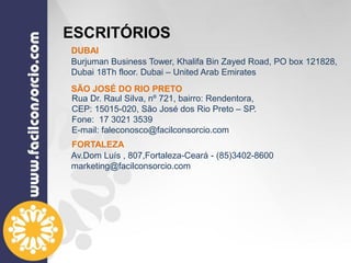 ESCRITÓRIOS
Rua Dr. Raul Silva, nº 721, bairro: Rendentora,
CEP: 15015-020, São José dos Rio Preto – SP.
Fone: 17 3021 3539
E-mail: faleconosco@facilconsorcio.com
Av.Dom Luís , 807,Fortaleza-Ceará - (85)3402-8600
marketing@facilconsorcio.com
Burjuman Business Tower, Khalifa Bin Zayed Road, PO box 121828,
Dubai 18Th floor. Dubai – United Arab Emirates
DUBAI
SÃO JOSÉ DO RIO PRETO
FORTALEZA
 