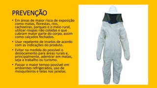 PREVENÇÃO
• Em áreas de maior risco de exposição
como matas, florestas, rios,
cachoeiras, parques e o meio rural,
utilizar roupas não coladas e que
cubram maior parte do corpo, assim
como calçados fechados.
• Usar repelente de insetos de acordo
com as indicações do produto.
• Evitar na medida do possível o
deslocamento para áreas rurais e,
principalmente, adentrar em matas,
seja a trabalho ou turismo.
• Passar o maior tempo possível em
ambientes refrigerados, uso de
mosquiteiros e telas nas janelas.
 