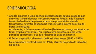 EPIDEMIOLOGIA
• A febre amarela é uma doença infecciosa febril aguda, causada por
um vírus transmitido por mosquitos vetores fêmeas, não havendo
transmissão direta de pessoa a pessoa e possui dois ciclos de
transmissão: silvestre (quando há transmissão em área rural ou de
floresta) e urbano.
Atualmente, a febre amarela silvestre (FA) é uma doença endêmica no
Brasil (região amazônica). Na região extra-amazônica, apresenta
períodos epidêmicos, que são registrados ocasionalmente.
• O Aedes aegypti foi eliminado do Brasil duas vezes (1955 e 1973).
• Foi novamente reintroduzido em 1976, através do porto de Salvador,
na Bahia.
 