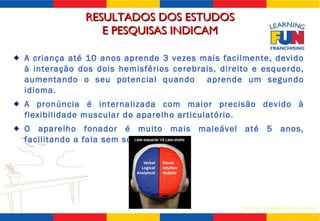 A criança até 10 anos aprende 3 vezes mais facilmente, devido à interação dos dois hemisférios cerebrais, direito e esquerdo, aumentando o seu potencial quando  aprende um segundo idioma. A pronúncia é internalizada com maior precisão devido à flexibilidade muscular do aparelho articulatório. O aparelho fonador é muito mais maleável até 5 anos, facilitando a fala sem sotaque. RESULTADOS DOS ESTUDOS  E PESQUISAS INDICAM 