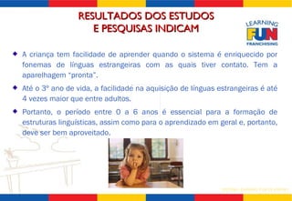 A criança tem facilidade de aprender quando o sistema é enriquecido por fonemas de línguas estrangeiras com as quais tiver contato. Tem a aparelhagem “pronta”. Até o 3º ano de vida, a facilidade na aquisição de línguas estrangeiras é até 4 vezes maior que entre adultos.  Portanto, o período entre 0 a 6 anos é essencial para a formação de estruturas linguísticas, assim como para o aprendizado em geral e, portanto, deve ser bem aproveitado. RESULTADOS DOS ESTUDOS  E PESQUISAS INDICAM 
