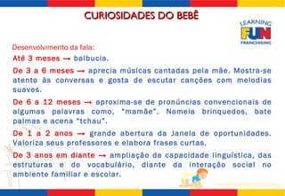 Até 3 meses ->  balbucia. De 3 a 6 meses ->  aprecia músicas cantadas pela mãe. Mostra-se atento às conversas e gosta de escutar canções com melodias suaves. De 6 a 12 meses ->  aproxima-se de pronúncias convencionais de algumas palavras como, “mamãe”. Nomeia brinquedos, bate palmas e acena “tchau”. De 1 a 2 anos ->  grande abertura da Janela de oportunidades. Valoriza seus professores e elabora frases curtas. De 3 anos em diante ->  ampliação da capacidade linguística, das estruturas e do vocabulário, diante da interação social no ambiente familiar e escolar. Desenvolvimento  da fala: CURIOSIDADES DO BEBÊ  