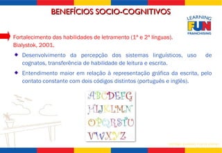 BENEFÍCIOS SOCIO-COGNITIVOS Fortalecimento das habilidades de letramento (1ª e 2ª línguas).  Bialystok, 2001. Desenvolvimento da percepção dos sistemas linguísticos, uso  de cognatos, transferência de habilidade de leitura e escrita. Entendimento maior em relação à representação gráfica da escrita, pelo contato constante com dois códigos distintos (português e inglês). 