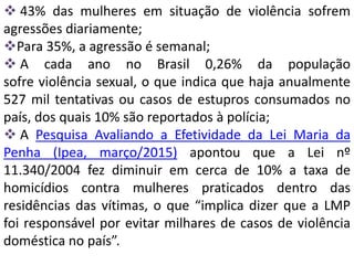  43% das mulheres em situação de violência sofrem
agressões diariamente;
Para 35%, a agressão é semanal;
 A cada ano no Brasil 0,26% da população
sofre violência sexual, o que indica que haja anualmente
527 mil tentativas ou casos de estupros consumados no
país, dos quais 10% são reportados à polícia;
 A Pesquisa Avaliando a Efetividade da Lei Maria da
Penha (Ipea, março/2015) apontou que a Lei nº
11.340/2004 fez diminuir em cerca de 10% a taxa de
homicídios contra mulheres praticados dentro das
residências das vítimas, o que “implica dizer que a LMP
foi responsável por evitar milhares de casos de violência
doméstica no país”.
 