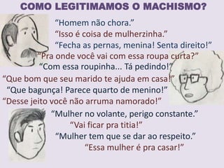 COMO LEGITIMAMOS O MACHISMO?
“Homem não chora.”
“Isso é coisa de mulherzinha.”
“Fecha as pernas, menina! Senta direito!”
“Pra onde você vai com essa roupa curta?”
“Com essa roupinha... Tá pedindo!”
“Que bom que seu marido te ajuda em casa!”
“Que bagunça! Parece quarto de menino!”
“Desse jeito você não arruma namorado!”
“Mulher no volante, perigo constante.”
“Vai ficar pra titia!”
“Mulher tem que se dar ao respeito.”
“Essa mulher é pra casar!”
 