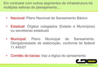 Em contraste com outros segmentos de infraestrutura há
múltiplas esferas de planejamento...
• Nacional: Plano Nacional de Saneamento Básico
• Estadual: Órgãos colegiados (Estado e Municípios)
ou secretarias estaduais
• Municipal: Plano Municipal de Saneamento.
Obrigatoriedade de elaboração, conforme lei federal
11.445/07
• Comitês de bacias: traz a lógica do saneamento
 