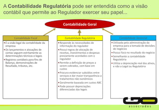 Contabilidade Fiscal
•É a visão legal da contabilidade da
empresa
•Os lançamentos e alocações de
contas seguem estritamente as
determinações técnicas e legais
•Registros contábeis para fins de
Balanço, demonstrações de
Resultado, tributos, etc.
Contabilidade Regulatória
•Responde às necessidades de
informação do regulador
•Possui regras de alocação de
receitas, investimentos e despesas
previamente acordados com o
regulador
•Permite a definição de preços a
serem cobrados, com base em
custos
•Procura evidenciar subsídios entre
serviços e dar maior transparência a
tratamentos não isonômicos
•Geralmente baseada em custos ABC
•Pode possuir depreciações
diferenciadas das legais
Contabilidade Gerencial
•Utilizada pela administração da
empresa para a tomada de decisões
de negócios
•Possui foco no resultado do negócio
•Semelhante a contabilidade
Regulatória
•Utiliza a depreciação real dos ativos,
e não a Legal ou Regulatória
A Contabilidade Regulatória pode ser entendida como a visão
contábil que permite ao Regulador exercer seu papel...
Contabilidade Geral
Contabilidade Fiscal
•É a visão legal da contabilidade da
empresa
•Os lançamentos e alocações de
contas seguem estritamente as
determinações técnicas e legais
•Registros contábeis para fins de
Balanço, demonstrações de
Resultado, tributos, etc.
 