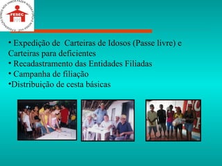 Expedição de  Carteiras de Idosos (Passe livre) e Carteiras para deficientes  Recadastramento das Entidades Filiadas  Campanha de filiação  Distribuição de cesta básicas 
