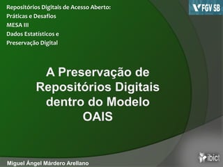 Repositórios Digitais de Acesso Aberto:
Práticas e Desafios
MESA III
Dados Estatísticos e
Preservação Digital
Miguel Ángel Márdero Arellano
 