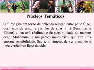 Núcleos Temáticos 
O filme gira em torno da delicada relação entre pai e filho, 
dos laços de amor e carinho de suas irmã (Farahnaz e 
Elham) e sua . 
avó (Salime) e da sensibilidade do menino 
cego. Mohammad é um garoto muito vivo, que tem uma 
enorme sensibilidade. Seu jeito simples de ver o mundo é 
uma verdadeira lição de vida. 
Filme – A Cor do Paraíso Da luz Dias 
 