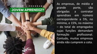 As empresas, de médio e
grande porte, são
obrigadas a contratar
aprendizes em número
correspondente a 5%, no
mínimo, e 15%, no máximo
– do total de empregados
cujas funções demandam
formação profissional.
Contudo, muitas empresas
ainda não cumprem a cota.
 