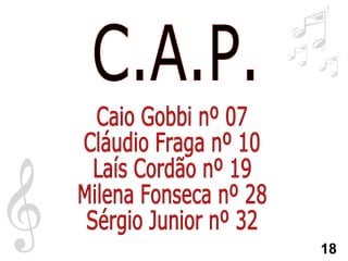 C.A.P. Caio Gobbi nº 07 Cláudio Fraga nº 10 Laís Cordão nº 19 Milena Fonseca nº 28 Sérgio Junior nº 32 