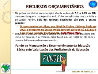 RECURSOS ORÇAMENTÁRIOS Fundo de Manutenção e Desenvolvimento da Educação Básica e de Valorização dos Profissionais da Educação CMG (RM1-IM) HERCULES Os gastos brasileiros em educação são da ordem de  5,1 a 5,5% do PIB , menores do que o da Argentina e do Chile, semelhantes aos da Itália e do Japão. Porém,  56% dos recursos destinados são para o ensino superior . O Investimento por Aluno por Nível de Ensino - Valores Reais em 2008, o estudante do Ensino Médio teve um custo de R$ 2.122,00 e o do Ensino Superior R$ 14.763,00  –   SETE VEZES MAIS . Segundo a UNESCO (2009), o salário médio do professor brasileiro em início de carreira é o terceiro mais baixo em um total de 38 países desenvolvidos e em desenvolvimento.  