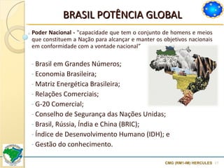 BRASIL POTÊNCIA GLOBAL Poder Nacional -  "capacidade que tem o conjunto de homens e meios que constituem a Nação para alcançar e manter os objetivos nacionais em conformidade com a vontade nacional”  Brasil em Grandes Números; Economia Brasileira; Matriz Energética Brasileira; Relações Comerciais; G-20 Comercial; Conselho de Segurança das Nações Unidas; Brasil, Rússia, Índia e China (BRIC); Índice de Desenvolvimento Humano (IDH); e Gestão do conhecimento. CMG (RM1-IM) HERCULES 