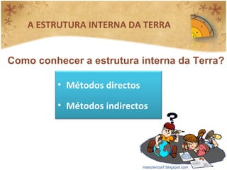 Como conhecer a estrutura interna da Terra? A ESTRUTURA INTERNA DA TERRA  maisciencia7.blogspot.com Métodos directos Métodos indirectos 