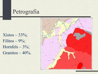 Petrografia Xistos – 33%; Filitos – 9%; Hornfels – 3%; Granitos – 40%. 
