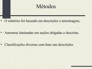 Métodos O relatório foi baseado em descrições e amostragem, Amostras laminadas em seções delgadas e descritas. Classificações diversas com base nas descrições 