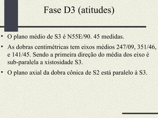 Fase D3 (atitudes) O plano médio de S3 é N55E/90. 45 medidas.  As dobras centimétricas tem eixos médios 247/09, 351/46, e 141/45. Sendo a primeira direção do média dos eixo é sub-paralela a xistosidade S3.  O plano axial da dobra cônica de S2 está paralelo à S3.  