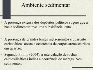 Ambiente sedimentar  A presença extensa dos depósitos pelíticos sugere que a bacia sedimentar teve uma subsidência lenta. A presença de grandes lentes meta-arenitos e quartzito carbonáticos atesta a ocorrência de corpos arenosos ricos em quartzo.  Segundo Phillip (2004), a intercalação de rochas calciosilicáticas indica a ocorrência de margas. Nos sedimentos.  