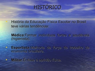 HISTÓRICO História da Educação Física Escolar no Brasil teve várias tendências: Médica :Formar indivíduos fortes e saudáveis (higienista). Esportista :Melhoria da força de trabalho da economia brasileira. Militar :Ênfase à aptidão física. 