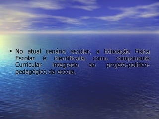 No atual cenário escolar, a Educação Física Escolar é identificada como componente Curricular integrado ao projeto-político-pedagógico da escola. 