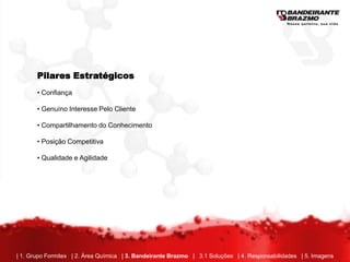 Pilares Estratégicos
       • Confiança

       • Genuíno Interesse Pelo Cliente

       • Compartilhamento do Conhecimento

       • Posição Competitiva

       • Qualidade e Agilidade




| 1. Grupo Formitex | 2. Área Química | 3. Bandeirante Brazmo | 3.1 Soluções | 4. Responsabilidades | 5. Imagens
 
