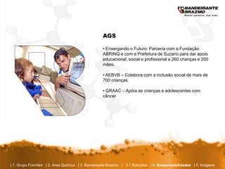 AGS

                                                  • Enxergando o Futuro: Parceria com a Fundação
                                                  ABRINQ e com a Prefeitura de Suzano para dar apoio
                                                  educacional, social e profissional a 260 crianças e 200
                                                  mães.

                                                  • AEBVB – Colabora com a inclusão social de mais de
                                                  700 crianças

                                                  • GRAAC – Apóia as crianças e adolescentes com
                                                  câncer




| 1. Grupo Formitex | 2. Área Química | 3. Bandeirante Brazmo | 3.1 Soluções | 4. Responsabilidades | 5. Imagens
 