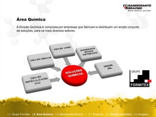 Área Química
       A Divisão Química é composta por empresas que fabricam e distribuem um amplo conjunto
       de soluções, para os mais diversos setores.




| 1. Grupo Formitex | 2. Área Química | 3. Bandeirante Brazmo | 3.1 Soluções | 4. Responsabilidades | 5. Imagens
 