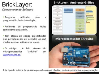 BrickLayer : Ambiente Gráfico
BrickLayer:
Componente de Software

 Programa    utilizado     para       a
programação desta tecnologia.

 Ambiente de programação          muito
semelhante ao Scratch.

 Tem blocos de código pré-definidos
que permitem por ex: acender um led,             Microprocessador : Arduino
mudar a cor ou activar uma sirene.

 O código       é   lido através do
microprocessador       “arduino”  em
www.arduino.cc.




Este tipo de sistema foi pensado para alunos que não tem muita experiência em programação
 