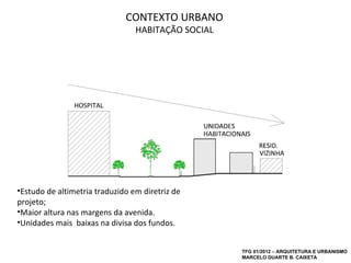 CONTEXTO URBANO
                                 HABITAÇÃO SOCIAL




•Estudo de altimetria traduzido em diretriz de
projeto;
•Maior altura nas margens da avenida.
•Unidades mais baixas na divisa dos fundos.


                                                    TFG 01/2012 – ARQUITETURA E URBANISMO
                                                    MARCELO DUARTE B. CAIXETA
 