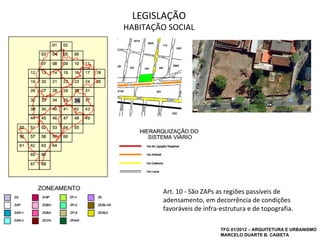 LEGISLAÇÃO
HABITAÇÃO SOCIAL




        Art. 10 - São ZAPs as regiões passíveis de
        adensamento, em decorrência de condições
        favoráveis de infra-estrutura e de topografia.

                            TFG 01/2012 – ARQUITETURA E URBANISMO
                            MARCELO DUARTE B. CAIXETA
 