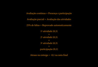 Avaliação contínua = Presença e participação

Avaliação parcial = Avaliação das atividades

25% de faltas = Reprovado automaticamente

             1ª atividade (0,3)
                      +
             2ª atividade (0,3)
                      +
             3ª atividade (0,3)
                      +
             participação (0,1)

   Atraso na entrega = -0,1 na nota final
 