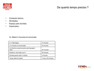 Conteúdo teórico; Atividades; Espaço para dúvidas; Imprevistos; De quanto tempo preciso ? 1 hora e 30 minutos Tempo total do módulo: 5 minutos Dúvidas gerais sobre o módulo 30 minutos Dinâmica: Você sabe ouvir ? 20 minuttos 2.4) Ganhos proporcionados pela linguagem Clara 20 minutos 2.3-) Ruídos na transmissão 15 minutos 2.1-) Mensagem     Ex.: Módulo 2: O processo de comunicação 