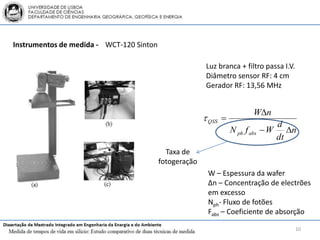 Instrumentos de medida - WCT-120 Sinton

                                                         Luz branca + filtro passa I.V.
                                                         Diâmetro sensor RF: 4 cm
                                                         Gerador RF: 13,56 MHz


                                                                         Wn
                                                         QSS 
                                                                                   d
                                                                  N ph f abs  W      n
                                                                                   dt
                                            Taxa de
                                          fotogeração
                                                         W – Espessura da wafer
                                                         Δn – Concentração de electrões
                                                         em excesso
                                                         Nph- Fluxo de fotões
                                                         Fabs – Coeficiente de absorção

                                                                                          10
 