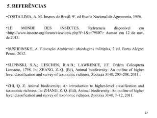 5. REFERÊNCIAS
•COSTA LIMA, A. M. Insetos do Brasil. 9ª. ed Escola Nacional de Agronomia, 1956.
•LE MONDE DES INSECTES. Referencia disponivel em
<http://www.insecte.org/forum/viewtopic.php?f=1&t=79507> Acesso em 12 de nov.
de 2013.
•RUSHEINSKY, A. Educação Ambiental: abordagens múltiplas, 2 ed. Porto Alegre:
Penso, 2012.
•SLIPINSKI, S.A.; LESCHEN, R.A.B.; LAWRENCE, J.F. Ordem Coleoptera
Linnaeus, 1758. In: ZHANG, Z.-Q. (Ed), Animal biodiversity: An outline of higher
level classification and survey of taxonomic richness. Zootaxa 3148, 203–208, 2011 .
•ZHI, Q. Z. Animal biodiversity: An introduction to higher-level classification and
taxonomic richness. In: ZHANG, Z. Q. (Ed), Animal biodiversity: An outline of higher
level classification and survey of taxonomic richness. Zootaxa 3148, 7–12, 2011.
23
 