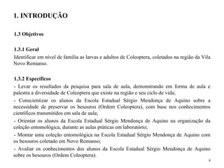 1.3 Objetivos
1.3.1 Geral
Identificar em nível de família as larvas e adultos de Coleoptera, coletados na região da Vila
Novo Remanso.
1.3.2 Específicos
- Levar os resultados da pesquisa para sala de aula, demonstrando em forma de aula e
palestra a diversidade de Coleoptera que existe na região e seu ciclo de vida;
- Conscientizar os alunos da Escola Estadual Sérgio Mendonça de Aquino sobre a
necessidade de preservar os besouros (Ordem Coleoptera), com base nos conhecimentos
científicos transmitidos em sala de aula;
- Orientar os alunos da Escola Estadual Sérgio Mendonça de Aquino na organização da
coleção entomológica, durante as aulas práticas em laboratório;
- Montar uma coleção entomológica na Escola Estadual Sérgio Mendonça de Aquino com
os besouros coletado em Novo Remanso;
- Avaliar os conhecimentos dos alunos da Escola Estadual Sérgio Mendonça de Aquino
sobre os besouros (Ordem Coleoptera).
8
1. INTRODUÇÃO
 